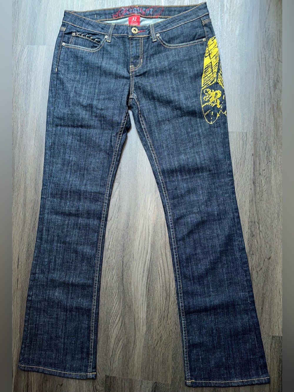 Request Jeans - Glitter Gold Feather Embellishment - Size 32 Bootcut - Rare